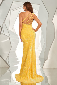 Yellow One Shoulder Sequined Mermaid Formal Dress
