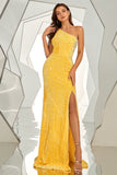 Yellow One Shoulder Sequined Mermaid Formal Dress