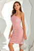 Load image into Gallery viewer, Pink One Shoulder Sequined Tight Short Formal Dress