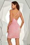 Pink One Shoulder Sequined Tight Short Formal Dress