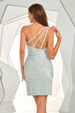 Sky Blue One Shoulder Sequin Short Formal Dress