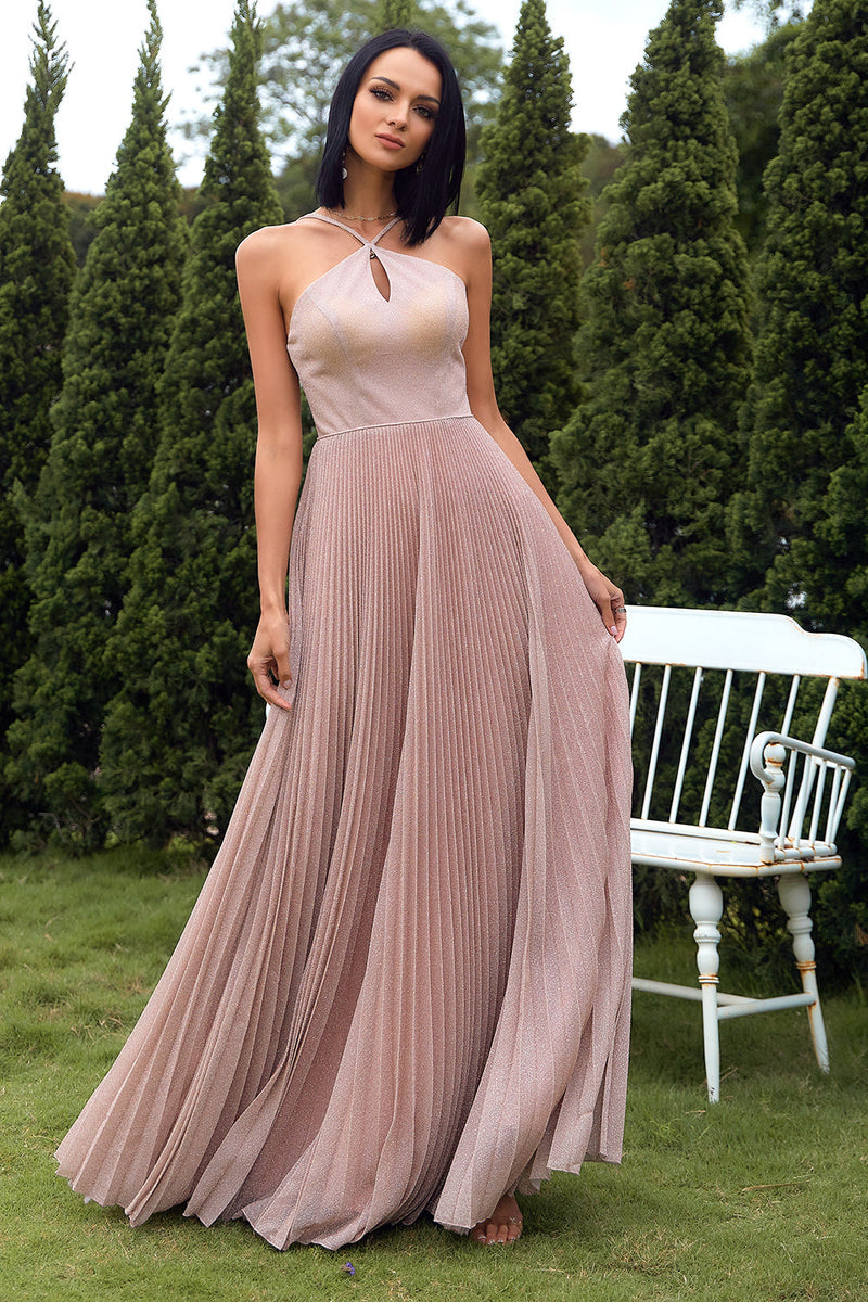 Load image into Gallery viewer, Blush Halter Pleated Formal Dress
