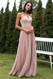 Blush Halter Pleated Formal Dress