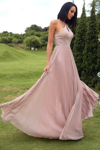Blush Halter Pleated Formal Dress