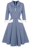 Grey Blue 1950s Swing Dress with Long Sleeves