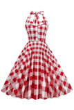 Red Plaid Halter 1950s Swing Dress