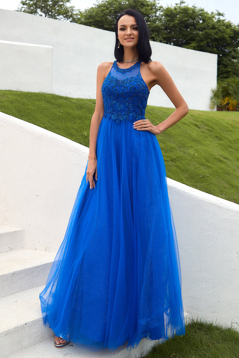 Load image into Gallery viewer, Royal Blue Tulle Formal Dress with Appliques