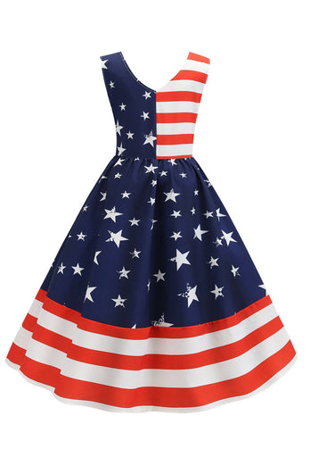 V-Neck Sleeveless Striped Star Print Swing Dress