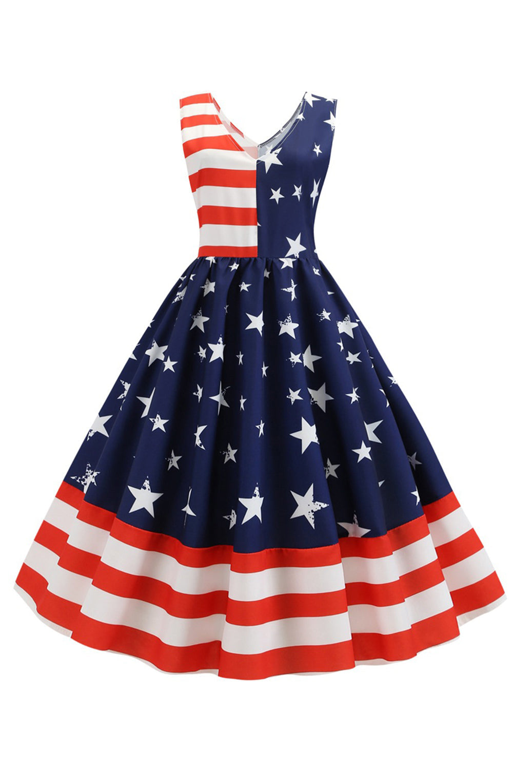 V-Neck Sleeveless Striped Star Print Swing Dress