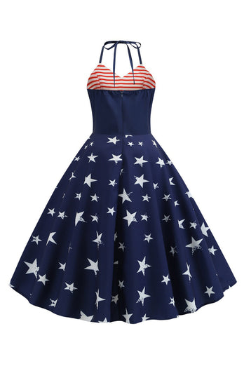 Halter Striped Star Print Swing Dress