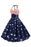 Halter Striped Star Print Swing Dress