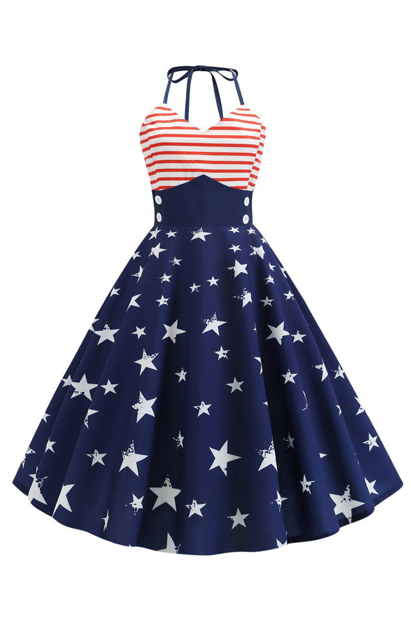Load image into Gallery viewer, Halter Striped Star Print Swing Dress