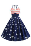 Halter Striped Star Print Swing Dress