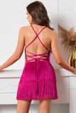 Fuchsia Short Cocktail Dress with Fringes