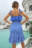 Sheath Spaghetti Straps Blue Lace Dress with Ruffles