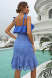 Sheath Spaghetti Straps Blue Lace Dress with Ruffles