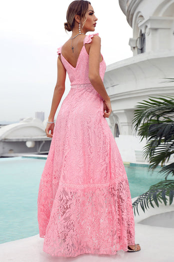 Pink Lace Long Wedding Guest Dress