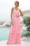 Pink Lace Long Wedding Guest Dress