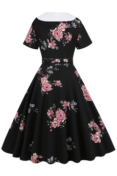 Black Floral Printed Vintage Dress With Belt