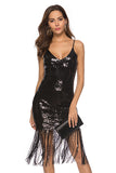 Black Sequined Spaghetti Straps Fringe Cocktail Dress