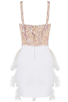 White V-Neck Sequins Party Dress with Feathers