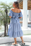 Blue Plaid Off Shoulder Summer Dress