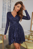 A Line V Neck Navy Sequins Short Formal Dress