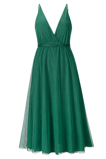 Simple Deep V Neck Green Party Dress