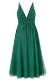 Simple Deep V Neck Green Party Dress