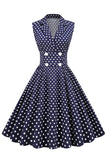 Navy V-Neck Polka Dots 1950s Swing Dress