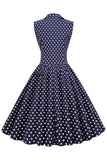 Navy V-Neck Polka Dots 1950s Swing Dress