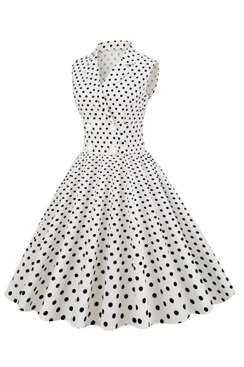 Navy V-Neck Polka Dots 1950s Swing Dress