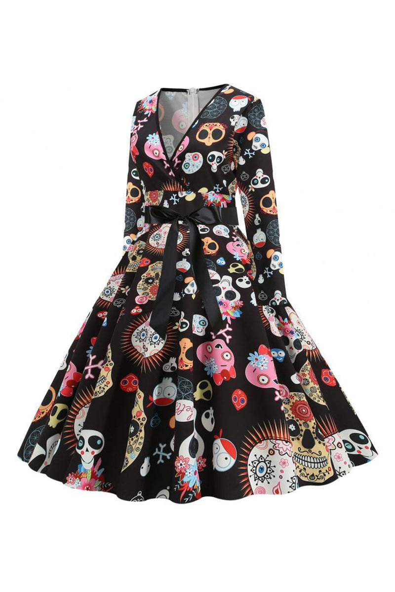 Load image into Gallery viewer, Printed V-Neck Long Sleeve Halloween Dress with Belt
