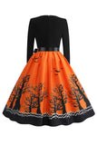 V-Neck Printed Halloween Dress with Belt