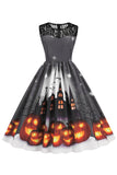 Vintage Crew Neck Lace Panel Print Halloween Dress