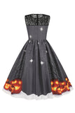 Vintage Crew Neck Lace Panel Print Halloween Dress