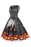 Vintage Crew Neck Lace Panel Print Halloween Dress