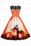 Vintage Crew Neck Lace Panel Print Halloween Dress