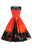 Vintage Crew Neck Lace Panel Print Halloween Dress