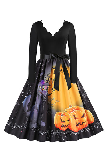 V-Neck Long Sleeves Lantern Printed Halloween Retro Dress