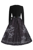 V-Neck Long Sleeves Lantern Printed Halloween Retro Dress