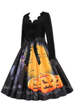 V-Neck Long Sleeves Lantern Printed Halloween Retro Dress