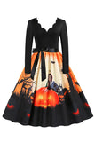 V-Neck Long Sleeves Lantern Printed Halloween Retro Dress