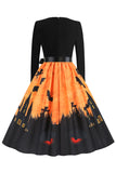 V-Neck Long Sleeves Lantern Printed Halloween Retro Dress