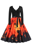 V-Neck Long Sleeves Lantern Printed Halloween Retro Dress