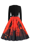 V-Neck Long Sleeves Lantern Printed Halloween Retro Dress