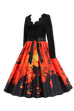 V-Neck Long Sleeves Lantern Printed Halloween Retro Dress