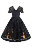 Lace Short Sleeve Print Halloween Retro Dress