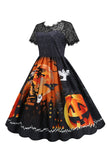 Lace Short Sleeve Print Halloween Retro Dress