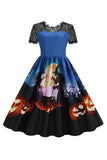 Lace Short Sleeve Print Halloween Retro Dress